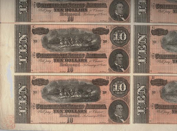 10 Dolares Estados Confederados de America, 1864 T-68c_UNCUT-CONFEDERATE-SHEET_950